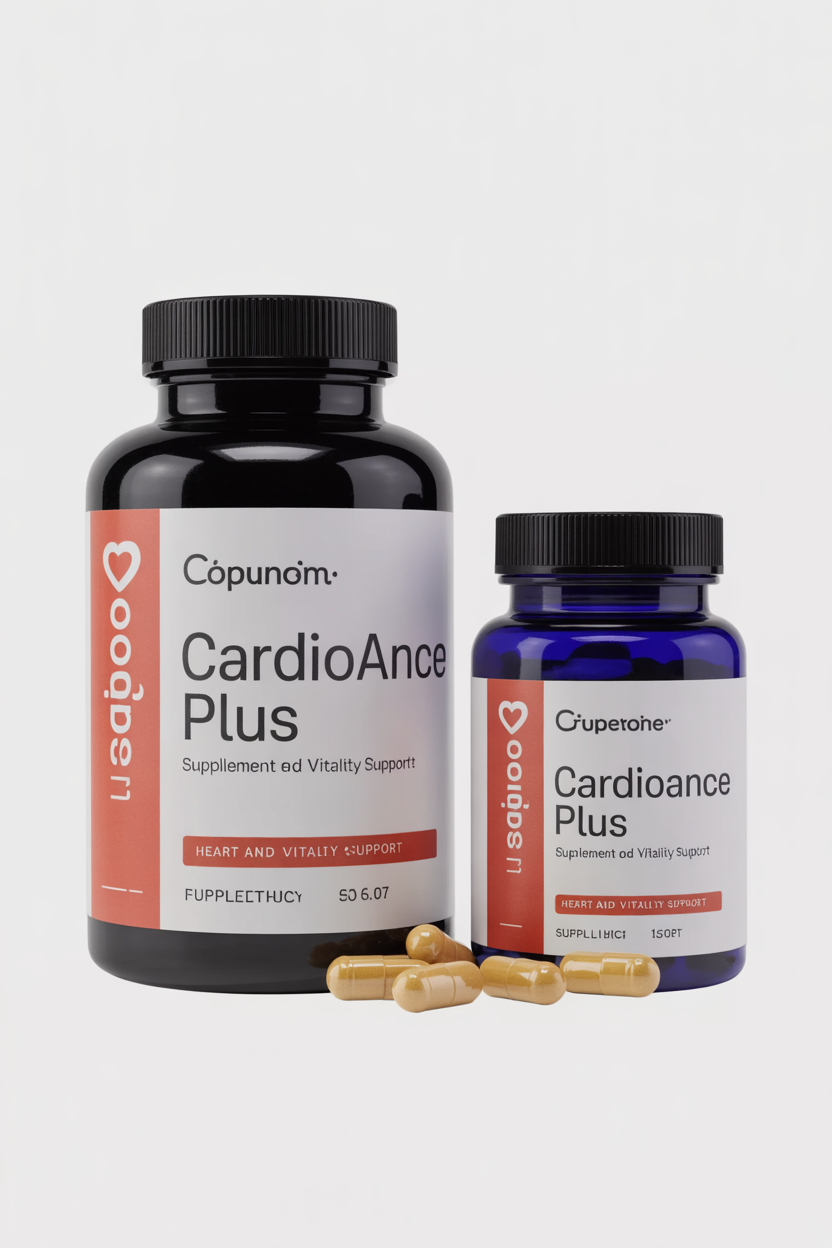 Cardiovance Plus supplement bottle and capsules for heart and vitality support